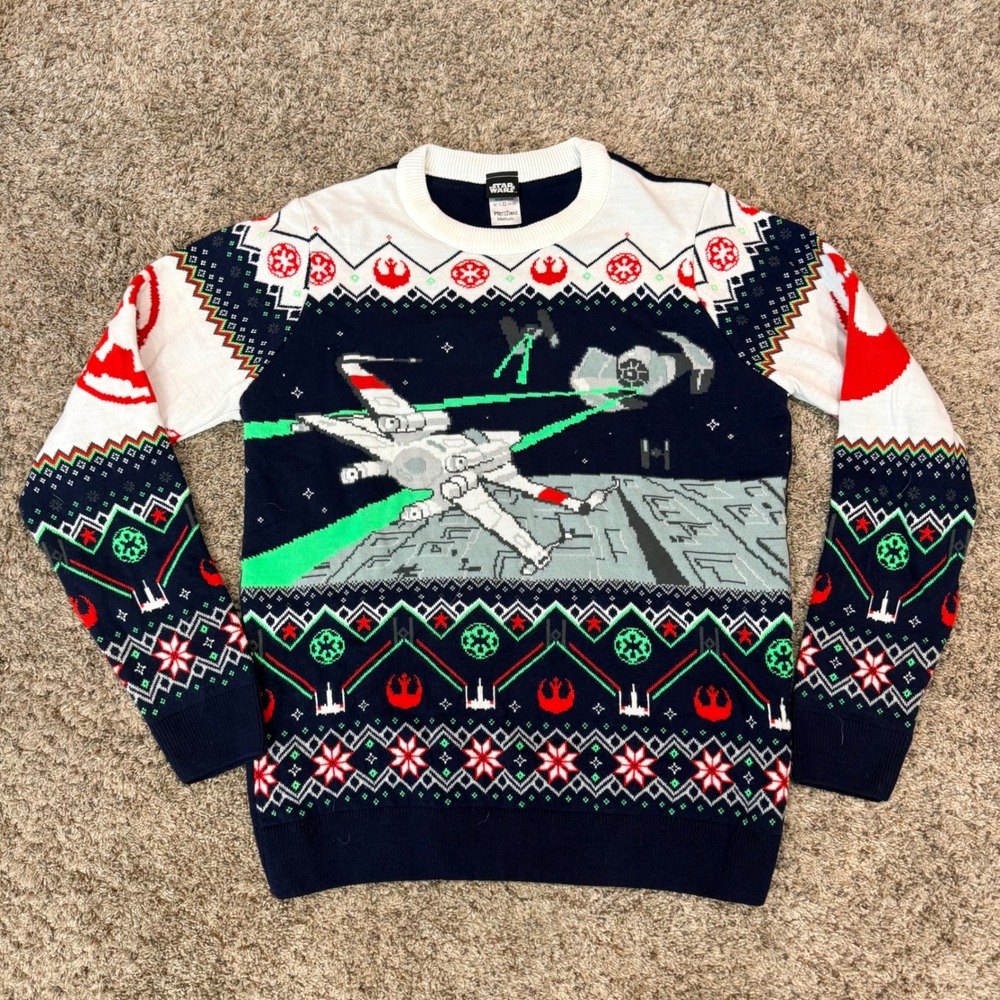 Star Wars Merchoid X-Wing TIE Fighter Christmas Holiday Sweater Mens Medium Navy